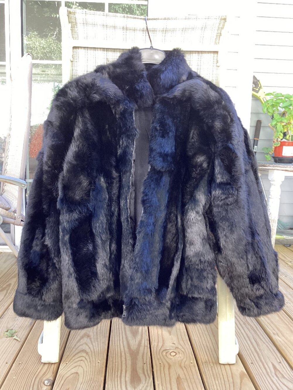 Women's Real Black Rabbit Fur Coat Jacket Size L Zipper High Collar Lux